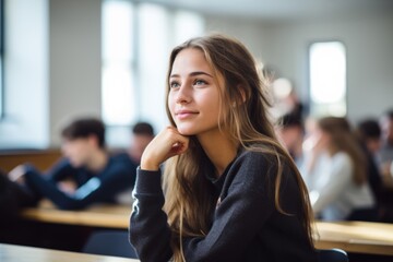 Female student young woman girl at table sit in class university high school college classroom during lesson lecture education studies study learning listening teacher professor teen pupil knowledge