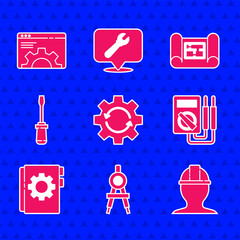 Poster - Set Gear and arrows as workflow, Drawing compass, Worker safety helmet, Multimeter, User manual, Screwdriver, House plan and Browser setting icon. Vector