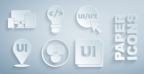 Set RGB and CMYK color mixing, UI UX design, Front end development and Monitor, mobile, tablet icon. Vector