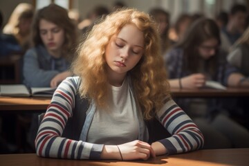 Female student bored sleepy Caucasian woman tired sad stressed girl in class teen pupil teenager lady in university high school college classroom during lesson boredom lecture education study learning