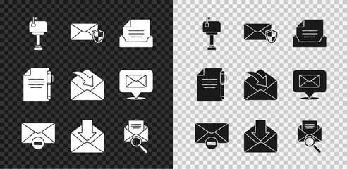 Poster - Set Mail box, Envelope with shield, Drawer document, Delete envelope, magnifying glass, Document and pen and icon. Vector