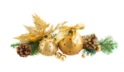 Canvas Print - Christmas golden balls and evergreen twigs isolated on white background