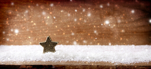 Sticker - White snow and wood space. Old wood texture with snow flakes and star.