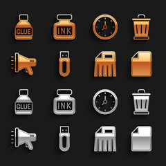 Poster - Set USB flash drive, Trash can, File document, Paper shredder, Megaphone, Clock, Glue and Inkwell icon. Vector