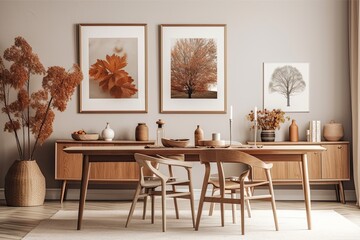 Poster - An elegant composition of the inside of a dining room with mock up picture frames, a sideboard in beige, a dining table, and personal items. Copy space Fall like template. Generative AI