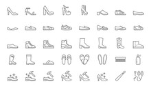 Shoe Line Icon Set. High Heels Sandal, Cowboy Boots, Hiking Footwear, Sneakers, Slipper, Moccasin, Loafer Minimal Vector Illustrations. Simple Outline Signs For Fashion Application. Editable Stroke