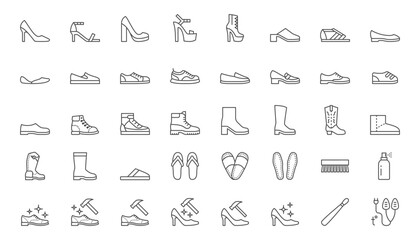 Wall Mural - Shoe line icon set. High heels sandal, cowboy boots, hiking footwear, sneakers, slipper, moccasin, loafer minimal vector illustrations. Simple outline signs for fashion application. Editable Stroke