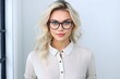 beautiful blonde businesswoman with glasses wearing glasses with office background. blonde corporate woman standing at the office. Professional and confident. Created with Generative Ai Technology
