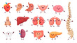 © Buch&Bee - Cartoon organ characters with happy faces, cute anatomy. Internal body part vector personages, funny heart, liver, brain, lungs and tooth, kidney, stomach and spleen, intestine, bladder, ear and nose