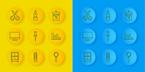 Poster - set line drawer with documents, computer monitor screen, push pin, magnifying glass, pie chart infog
