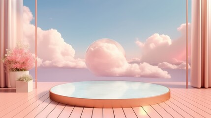 pink podium with cute cloud in sky