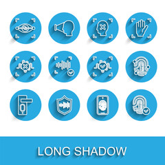 Poster - Set line Fingerprint door lock, Shield voice recognition, Eye scan, Mobile with fingerprint, Voice, and icon. Vector