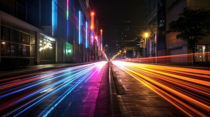 vibrant city street at night with blurred motion and illuminated buildings.