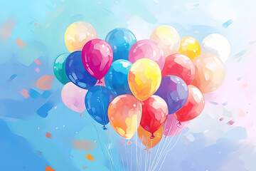 Wall Mural - Colorful Watercolor Balloons, Celebration, Birthday Party, Pretty Balloon Gift Card - Generative Ai