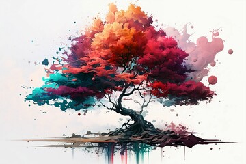 AI generated illustration of a tree with watercolor splashes isolated on white background