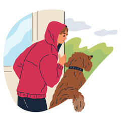 Wall Mural - Young man and his dog spy, observing, sneaking outdoors. Guy peeping look from behind wall. Suspicious person pet owner detective peek, look out, search, eavesdrops on someone elses conversation