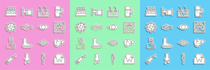 Wall Mural - Set line Tooth with caries, Hepatitis virus, Lungs x-ray, Hair covering skin, Bone pain, Virus, Test tube blood and Blindness icon. Vector