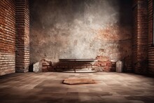 Ancient Interior With A Brick Wall And A Podium. Generative AI