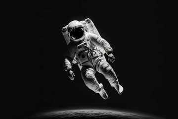 Wall Mural - ai generated illustration of a greyscale of an astronaut in a spacesuit in pitch darkness