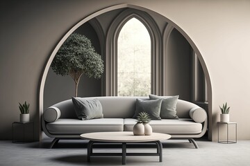 Sticker - AI generated illustration of a grey living room in contemporary style with round arch and plants