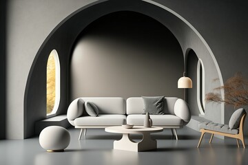 Poster - AI generated illustration of a grey living room in contemporary style with round arch and plants