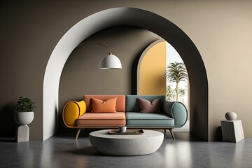 Wall Mural - AI generated illustration of a grey living room in contemporary style with round arch and plants