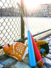 Baseball Bat Gloves Fall Blue Red Sunset Fence Cobblestone