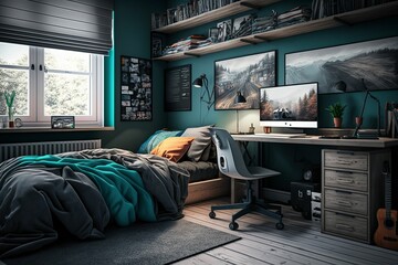 Poster - AI generated illustration of bedroom with bed and computer table