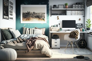 Poster - AI generated illustration of bedroom with bed and computer table