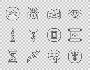 Canvas Print - Set line Old hourglass with sand, Neptune planet, Ancient magic book, Dagger, Air element, Necklace crystal, Skull and scroll icon. Vector