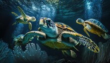 AI Generated Illustration Of Green Turtles Swimming Underwater