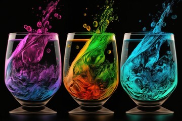 Sticker - AI-generated illustration of colorful liquid inside glasses creating splashes