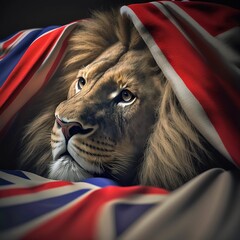 Poster - AI generated illustration of a calm lion hiding under the flag of England