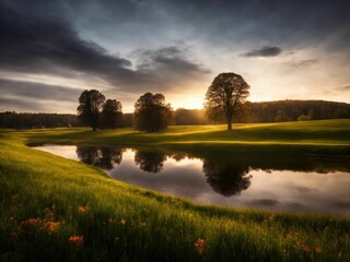 Wall Mural - ai generated illustration of a beautiful sunset over a landscape, with tall trees and a lake