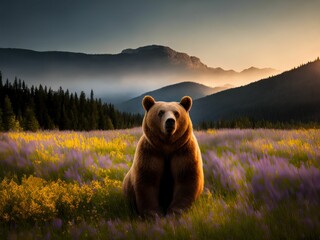 Canvas Print - AI generated illustration of A brown bear perched in a lush meadow filled with wildflowers