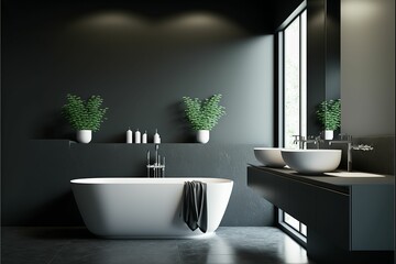 AI generated illustration of a modern bathroom with a white and black color scheme