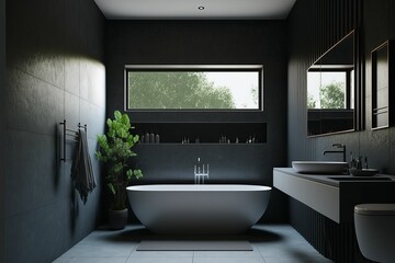 AI generated illustration of This contemporary bathroom features a black color palette.