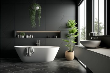 Wall Mural - AI generated illustration of A contemporary bathroom with gray walls and a standalone bath tub