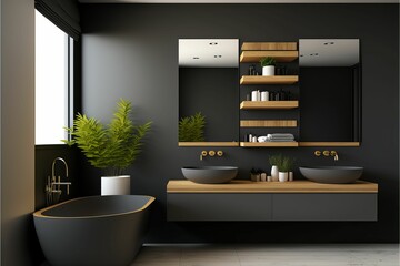 Poster - AI generated illustration of a bathroom with  black wall color  and a large, luxurious bathtub