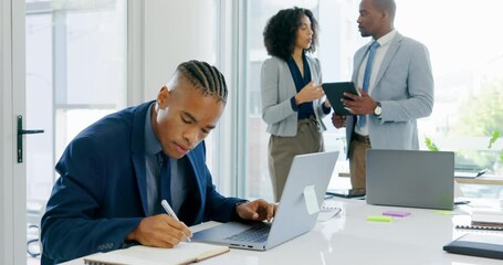 Aufkleber - Business, corporate and black man with laptop, typing and brainstorming with digital software, website information and planning. Male person, consultant or employee with a pc, connection and research