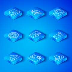 Poster - Set line Upload inbox, Envelope with star, shield, Outgoing mail, Mail and e-mail, Drawer document and Download icon. Vector
