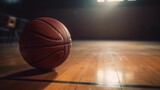 Fototapeta Sport - AI generated illustration of a basketball on a dark court, illuminated by the stadium lights