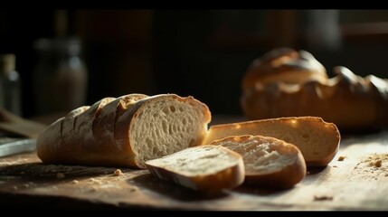 Canvas Print - AI generated illustration of A close-up of freshly-sliced white bread  on a cutting board