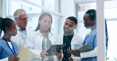 Aufkleber - tablet, healthcare and team of doctors meeting in the hospital for diagnosis or treatment discussion