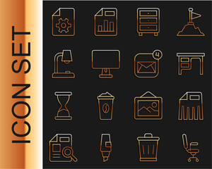 Wall Mural - Set line Office chair, Paper shredder, desk, Archive papers drawer, Computer monitor, Table lamp, Document settings and Envelope icon. Vector