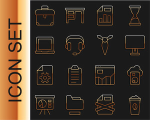 Poster - set line coffee cup to go, cloud database, computer monitor, document with graph chart, headphones, 