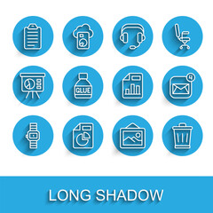 Poster - Set line Wrist watch, Document with graph chart, To do list or planning, Picture landscape, Trash can, Glue, Envelope and icon. Vector