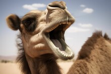 AI Generated Illustration Of A Camel With Its Mouth Open, Displaying Its Teeth