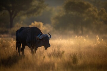 Wall Mural - AI generated illustration of a large bovine animal with sweeping horns stands in a lush field