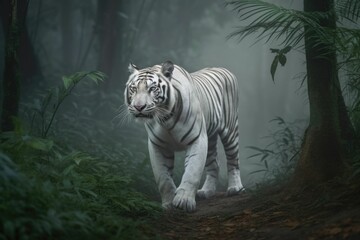 Poster - AI generated illustration of a majestic white tiger strides through a serene, fog-filled woodlands